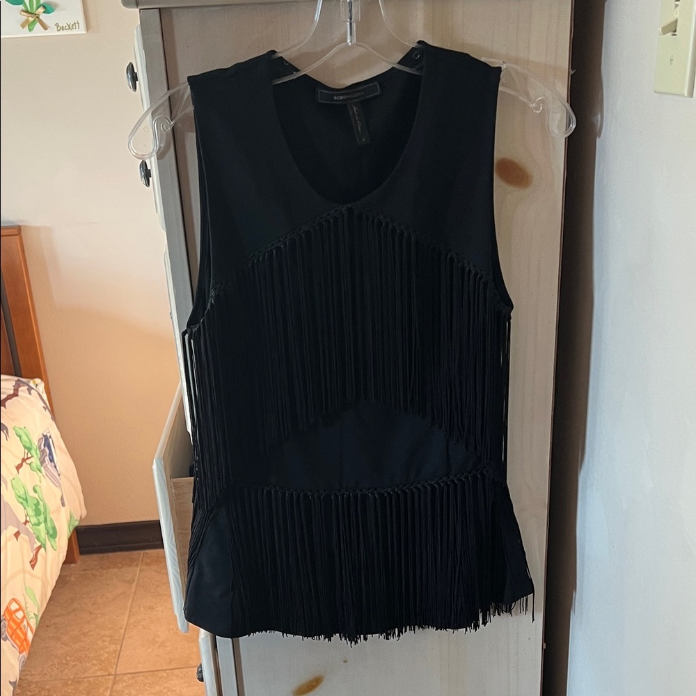 BCBGMaxAzria Black Fringe Sleeveless Tank Sz S XS